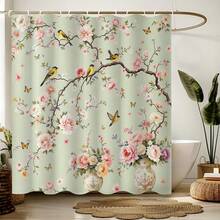 Bird, Flower, Tree Branch Printed Bathroom Shower Curtain, Floral Bathroom Decor - Multicolor - View 3