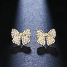 1 Pair Cute Petite Faux Pearl Zirconia Bow Stud Earrings, Fashionable, Versatile, High-Quality Earrings For Women - one-size - View 1