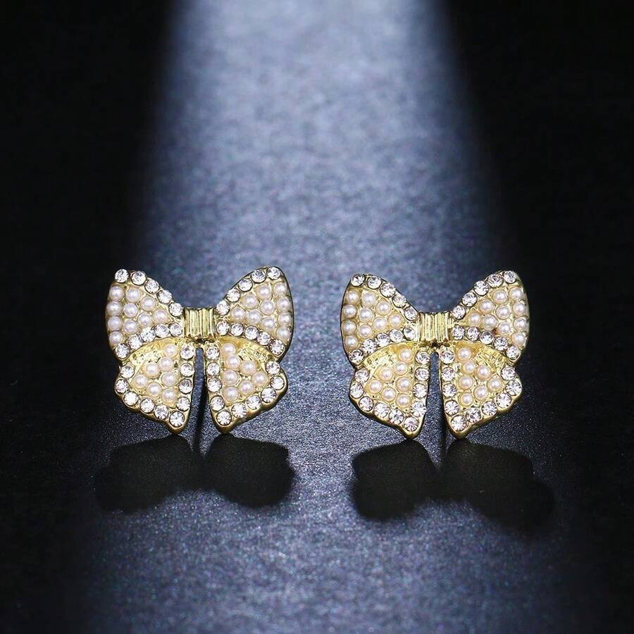 1 Pair Cute Petite Faux Pearl Zirconia Bow Stud Earrings, Fashionable, Versatile, High-Quality Earrings For Women - one-size - View 1