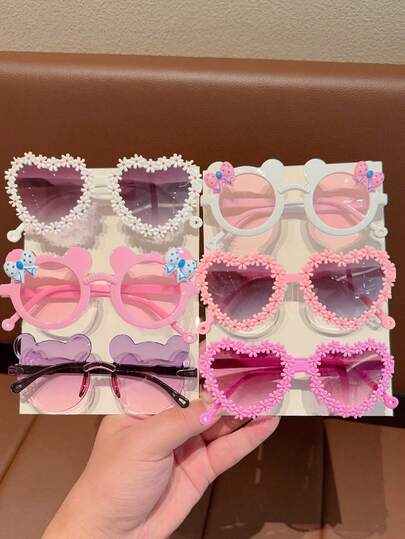 2/3/4/6 Pairs Girls Cute Floral, Heart, Bear Ear, Bow Tie, Fashion Eyeglasses Eyewear, Valentine's Day Gift, Display Card Only (No Shipping)