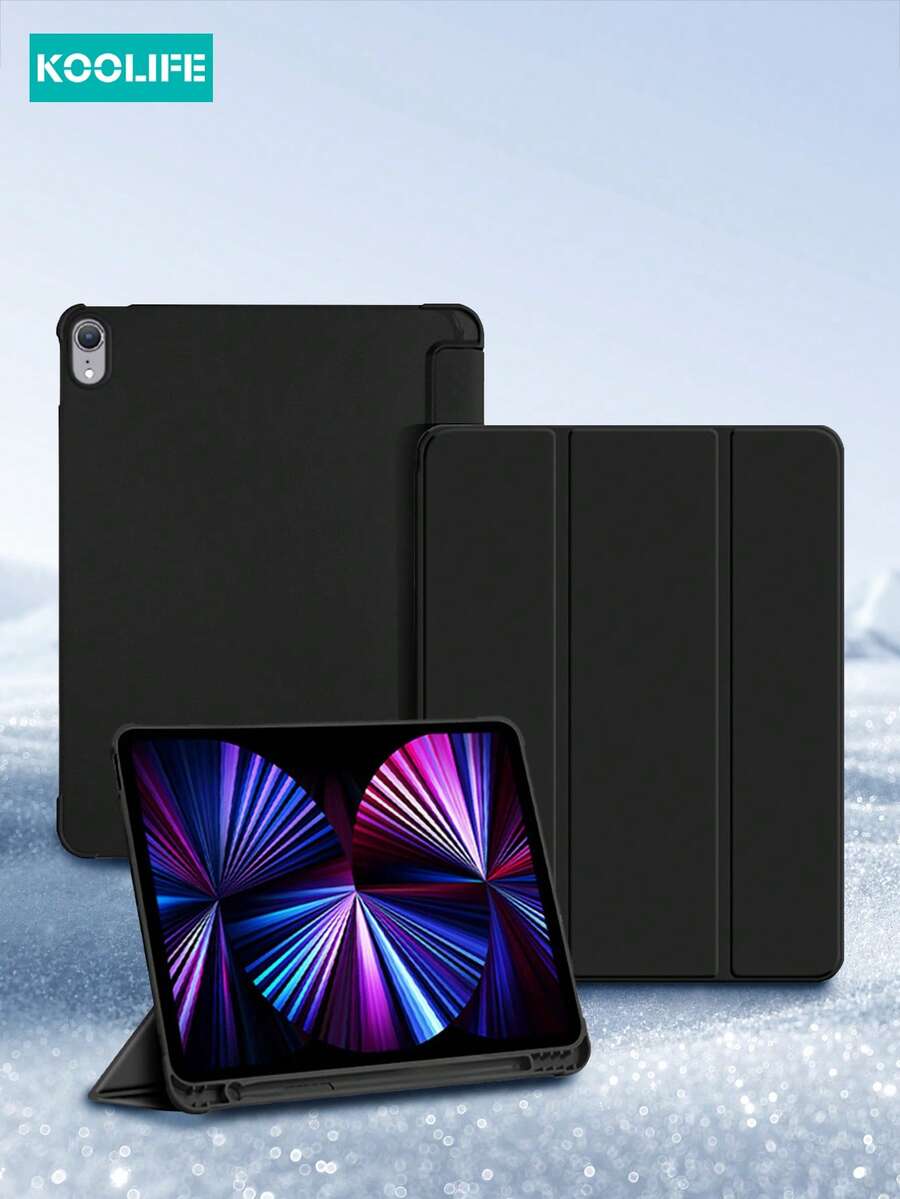 Koolife 1pc Quadrangular Anti-Drop Tri-Fold Tablet Protective Case, Auto Wake/Sleep, Pencil Slot, Minimalist/Casual/ Compatible With Ipad 10th Gen 10.9", IPad 10.2" 7/8/9th Gen, IPad Air 1/2/3/4/5 10.9", IPad Pro 11" 18/20/21/22, IPad Pro 12.9" 18/20/21/22, IPad Mini 4/5/6 - Black - View 1