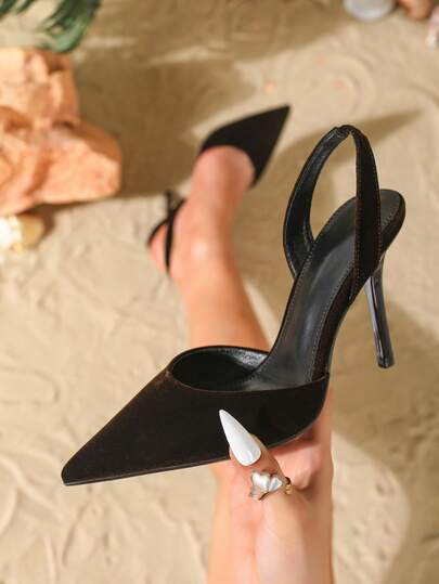 9.8CM Pointed Toe High Heel Pumps For Women, Elegant Slingback Stilettos With Ankle Strap, Faux Suede Fabric, Solid Brown Color, Kitten Heel, Suitable For Daily Wear, Party, Date, Spring Festival, Thanksgiving, Prom