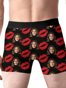 1 Pc Custom Men's Boxer Briefs, Personalized Face Customization, Printed With Christmas Elements Such As Snowflakes And Christmas Trees, As Well As Customizable Character Patterns. Personalized Photo Men's Boxer Shorts, Sweet And Romantic Long Men's Underwear, A Gift For Your Beloved, Anniversary Gift, Wedding Gift, Couple Gift, Best Friend Gift, Boyfriend/Husband/His Gift - 黑色 - 查看 3