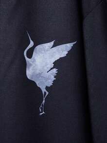 Retro Chinese Style Improved Hanfu Feather Crane Print Kimono Cover Up, Loose Fit Fashionable Summer Outerwear - Black - View 6