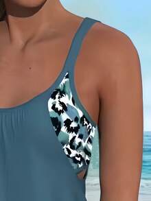 两件套女士时尚泳衣，全罩杯可调节细肩带露背上衣，印花三角裤，优雅性感，夏威夷度假风，夏季海滩休闲度假 - 霧霾藍 - 查看 5