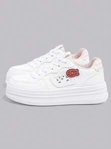 女士时尚休闲百搭运动鞋，厚底系带白色休闲鞋，适合所有季节 - 粉色 - 查看 2