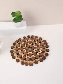 1pc Boho Bamboo Hollow Out Round Potholder, Heat Resistant Insulation Pad For Dinner Table & Desk - Multicolor - View 3