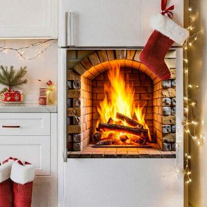 1 片逼真火焰壁炉墙贴，以温暖明亮的灯光再现砖砌壁炉的炽热火焰，营造温馨的家居氛围，如同冬日里的温暖港湾。适用于房间装饰、墙纸、卧室装饰、家居装饰、圣诞节、节日、派对装饰。