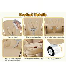 GCCSJ 6-In-1 Foldable Baby High Chair – 5 Height, Locking Wheels, Removable Tray, 5-Point Harness, Soft PU Seat, Space-Saving For Home & Travel – Best Gift - 奶咖棕+萬向輪 - 查看 9
