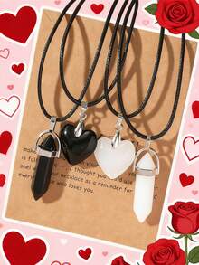 4入組夜光彩色水晶心火山石友誼情侶項鍊,最好禮物適用於女士們至穿戴在日常生活 - 彩色 - 查看 3