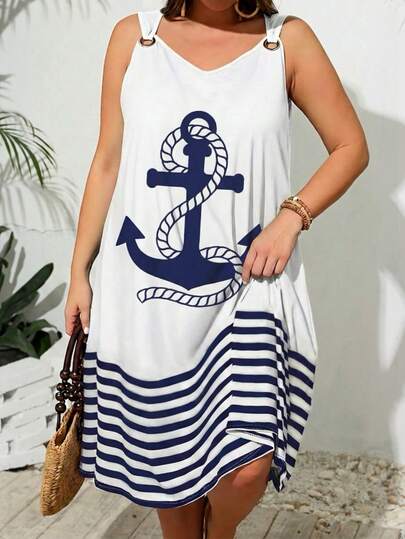 大码女式夏季沙滩度假锚图案条纹印花心形领宽松无袖连衣裙 白色