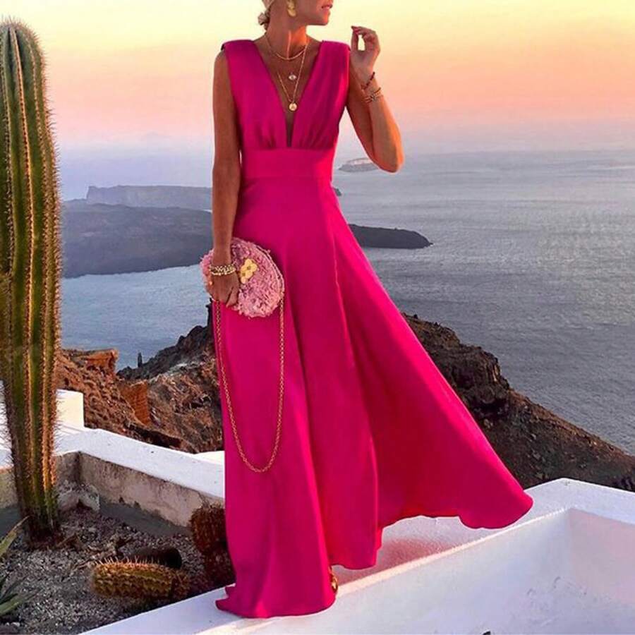 2025 Women's Clothing Multi-Color Fashionable Pattern Deep V Mid-Waist Elegant French Dress - Màu Hồng Tươi - Xem 1