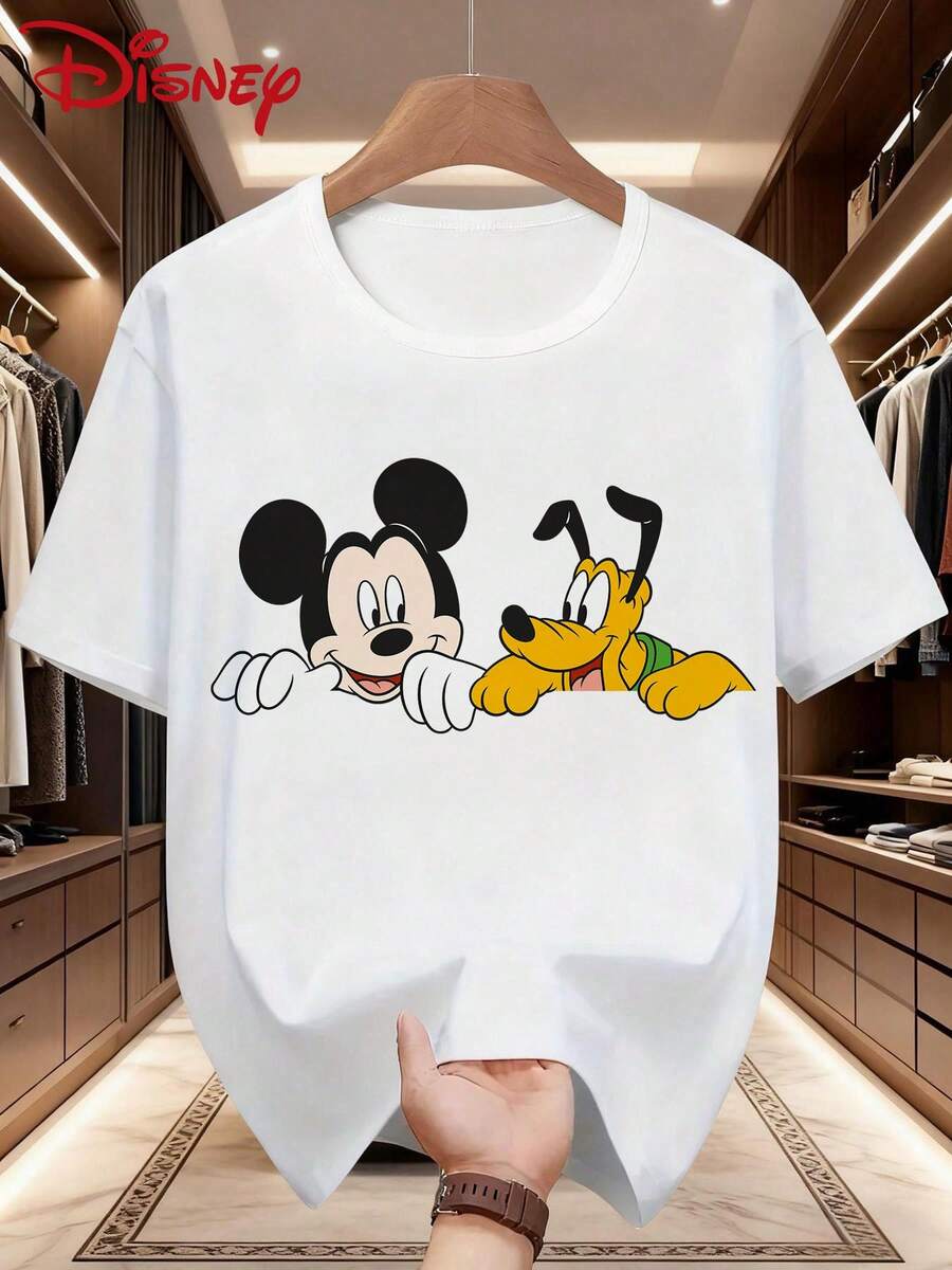Disney 米奇一家图案印花休闲男士短袖T恤，略带弹性，不透光，易打理面料，适合日常穿着。 - 白色 - 查看 1