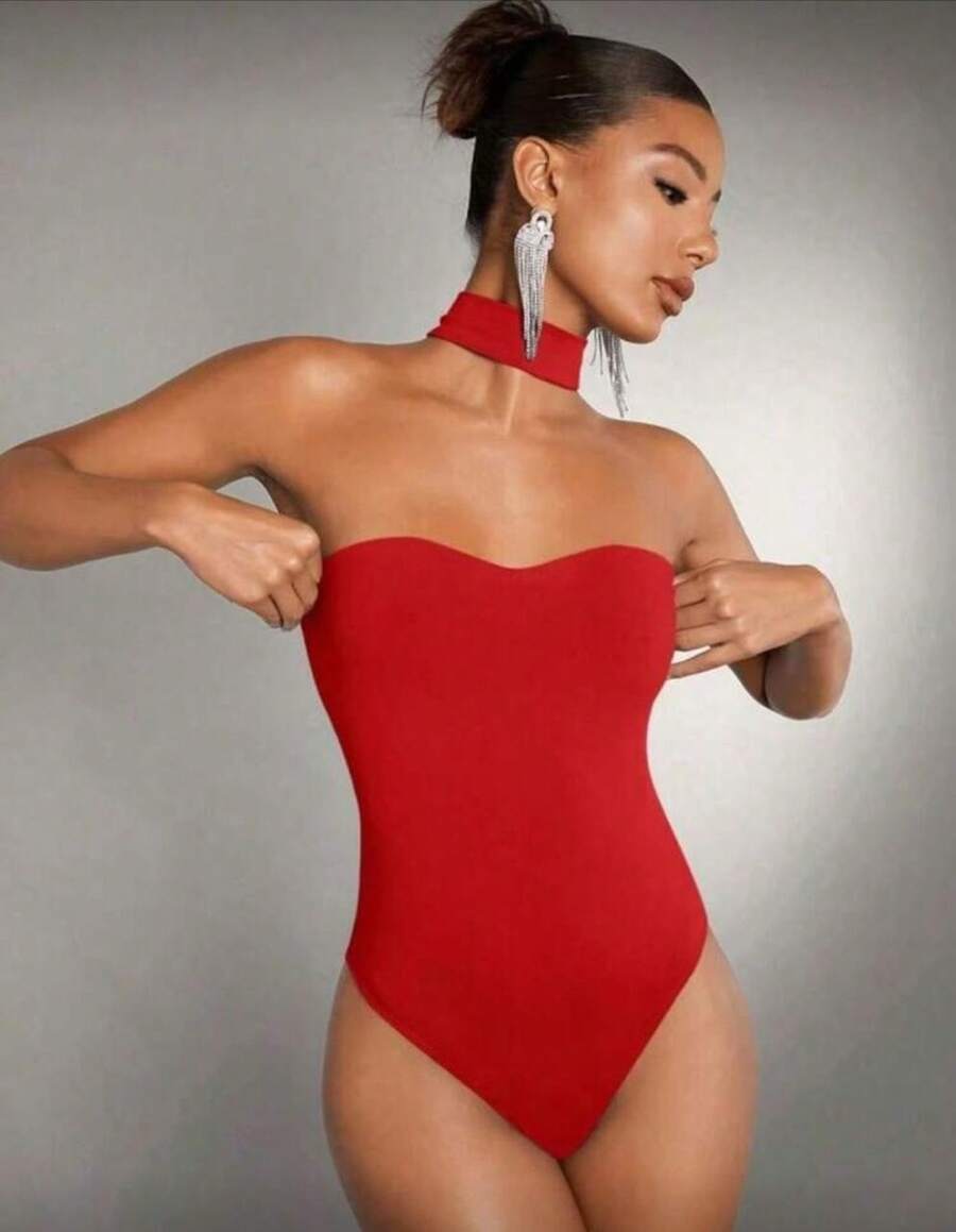 Strapless Bodysuit With High Neck, Shaping, Suspended Neckline, Versatile With Padded Cups - Đỏ - Xem 1