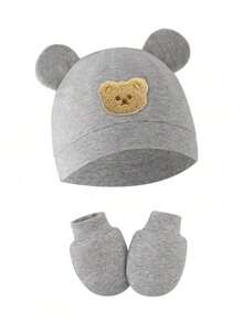 婴儿熊耳帽带防抓手套，婴儿针织帽，适合0-6个月婴儿 - 2pcs - 查看 7