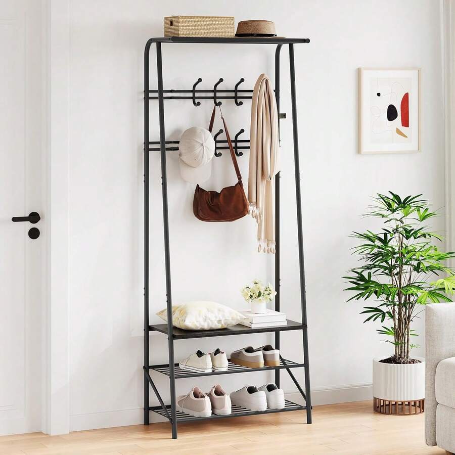Coat Rack With Shoe Storage And Bench, Shoe Rack And Coat Rack – Hallway Bench With 5 Hooks, Multifunctional Wood-Grain Hallway Storage Rack With Metal Frame - Black - View 1