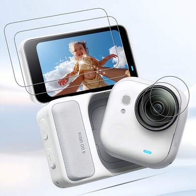 (4 en 1) Protector de pantalla de vidrio templado 2 piezas + Película protectora de lente 2 piezas para Insta360 Go Ultra, HD - Ultra claro, anti-arañazos, anti-huellas dactilares, fácil de instalar, accesorios de cámara de acción, protección de lente, protector de pantalla de vidrio templado, proporciona protección integral