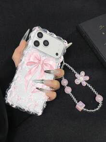 1pc Pink Continuous Bow Unique Elegant Design 2D Print Transparent Braided Frame Anti-Drop Phone Protective Case, Matching Pink Bracelet, Suitable For Self-Use, Girlfriend/Valentine's Day/Eid Gift, Compatible With IPhone11/12/13/14/15/16/16PRO/16PROMAX, Galaxy A05/A15/A25/A35/A53/A54/A55/S23/S24 - Clear - View 3