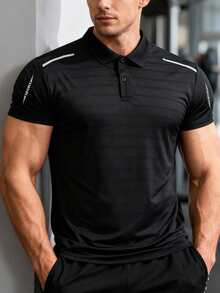 男士速干透气Polo衫，短袖翻领，可机洗，适合户外健身、训练、商务休闲、夏季商务、户外运动、跑步、日常商务休闲穿着 - 黑色 - 查看 7