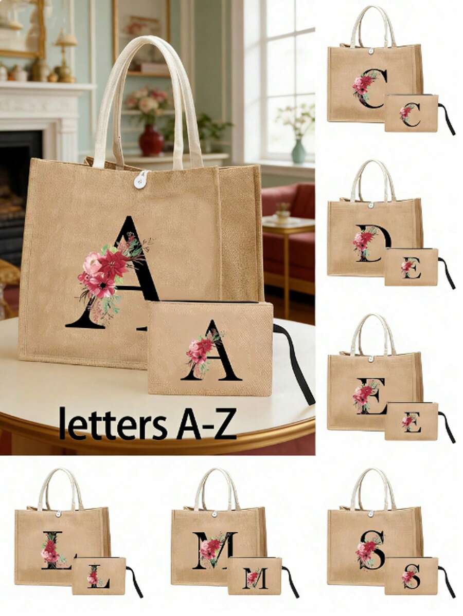 1/2 chiếc túi tote vải lanh in hoa và chữ cái A-Z, túi xách in họa tiết thời trang, túi tote và túi đựng mỹ phẩm sành điệu dành cho nữ, túi đeo vai có khóa kéo dung tích lớn, túi xách đa năng có khóa cài, túi mua sắm in họa tiết có khóa bấm, thích hợp cho đám cưới, sinh nhật, du lịch biển, kỳ nghỉ và các dịp khác. Món quà hoàn hảo cho phụ nữ, mẹ, giáo viên, bạn bè, phù dâu, sinh viên và mùa tựu trường. - Nhiều màu - Xem 1