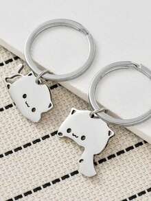 Cute Cartoon Cat Keychain Couple Lovers Stainless Steel Matching Keyring Lovely Pendant Valentine Day Gift Jewelry - A - View 6