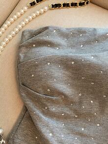 女士优雅休闲魅力性感简约清新日常通勤百搭修身褶皱抹胸上衣 夏季 - 灰色 - 查看 3