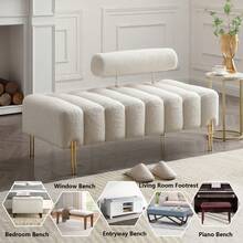 Mikibama 53.2" Width Ottoman Bench, Teddy Upholstered Modern Loveseat Sofa With Metal Legs, Comfy Love Seat Couches With Adjustable Backrest, End Of Bed Bench For Bedroom, Entryway - 米色 - 查看 7