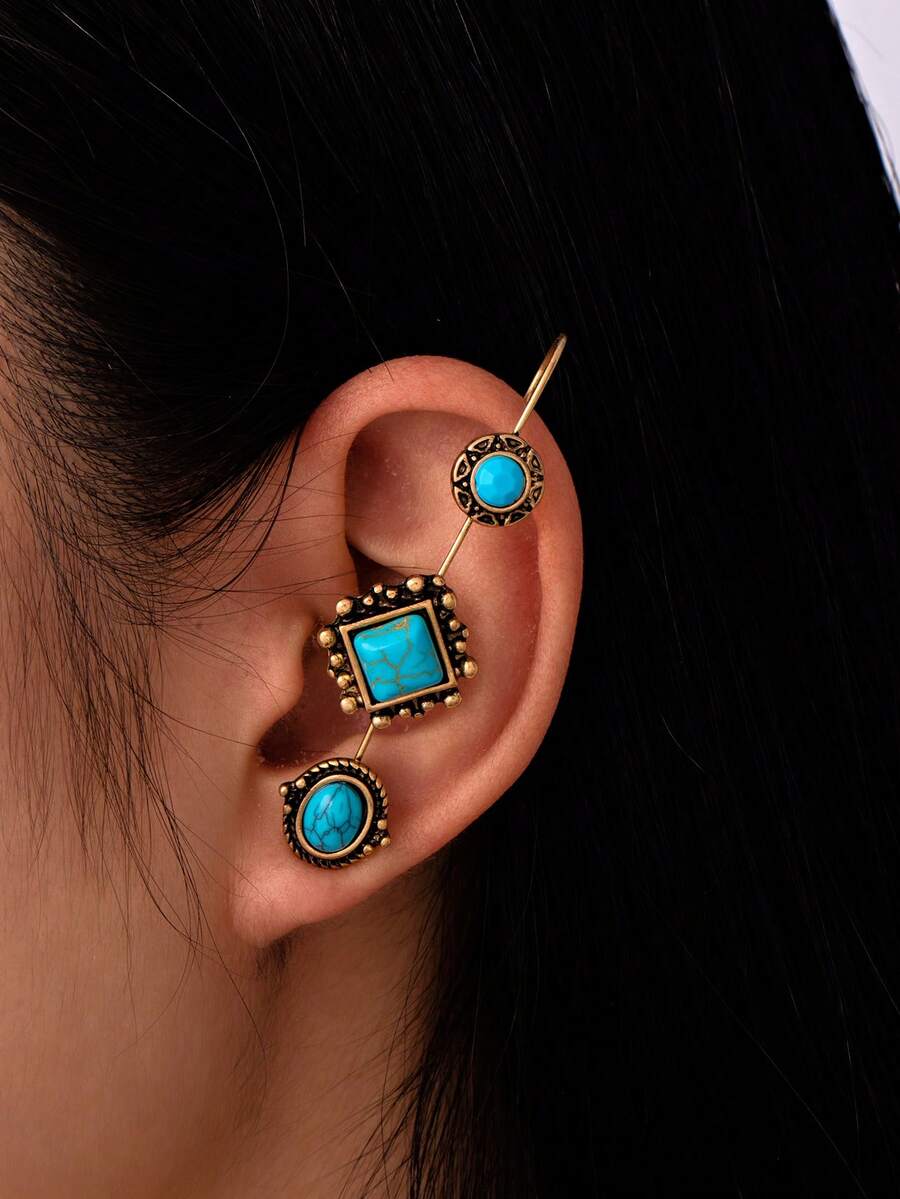 1pc Bohemian Style Women's Gold Ear Cuff, Fashion Western Cowgirl Faux Turquoise Earring - Style 1 - View 1