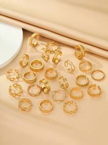 24pcs Stainless Steel 18K Gold Plated Women's Fashion Minimalist Style Open Rings Set, Suitable For Daily Wear Or Gift - Yellow Gold - View 4