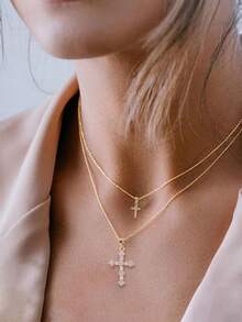 2pcs/Set Fashionable Hip-Hop Micro-Inlaid Zirconia Double Cross Pendant Necklace Set, Suitable For Women's Daily And Casual Wear - Yellow Gold - View 7
