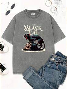 Stonewashed Streetwear Cat Dark Head Skull Emo Gothic Fans Street Fashion Urban Culture Unisex Men's Women's 100% Cotton Top Premium Streetwear New Release Immediate Shipping Various Colors!! - 灰色 - 查看 1