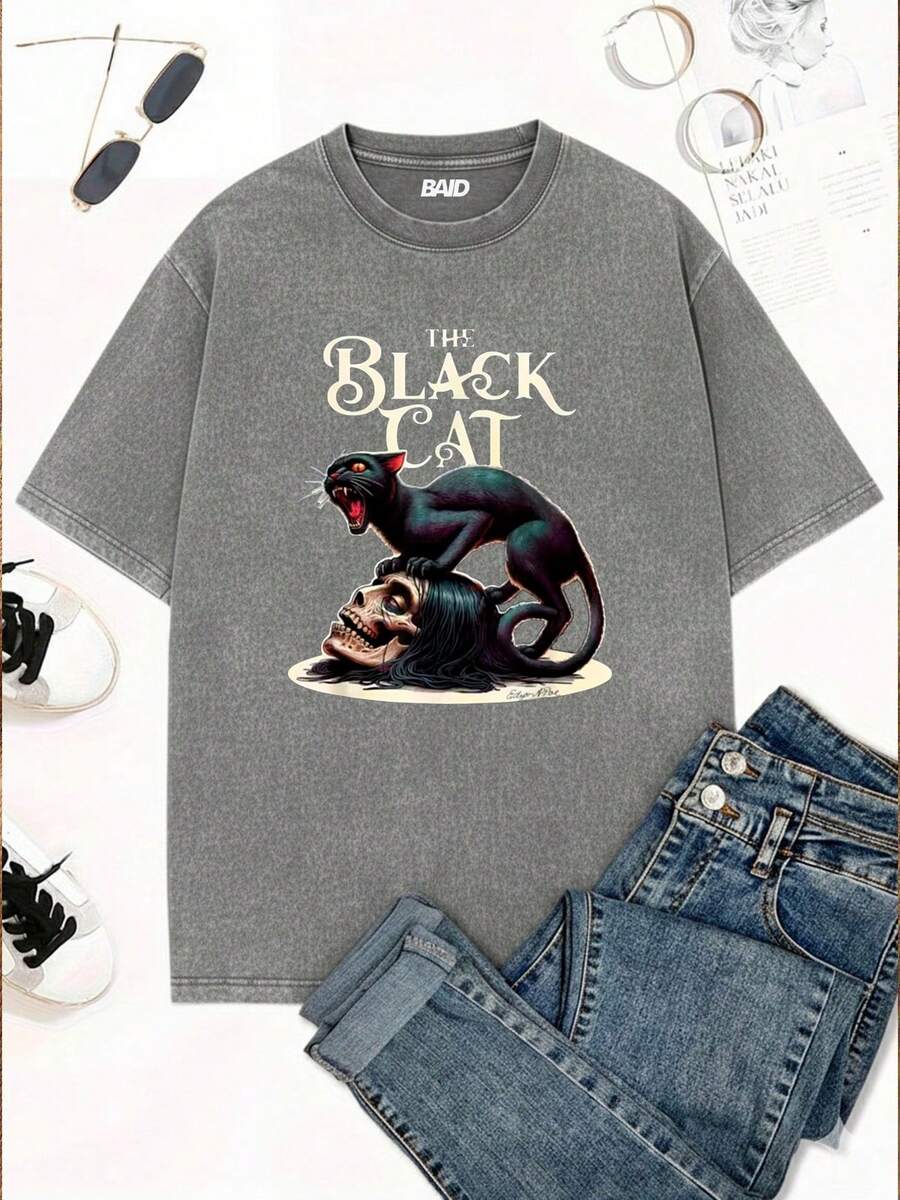 Stonewashed Streetwear Cat Dark Head Skull Emo Gothic Fans Street Fashion Urban Culture Unisex Men's Women's 100% Cotton Top Premium Streetwear New Release Immediate Shipping Various Colors!! - 灰色 - 查看 1