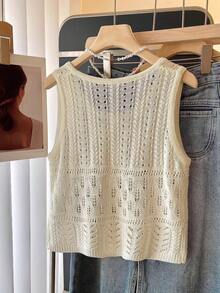 Mẫu áo vest đan móc thời trang hè 2026 dành cho nữ, cổ tròn, không tay, thiết kế khoét rỗng, phong cách Bohemian, thích hợp cho kỳ nghỉ, đi biển. - Màu be - Xem 3