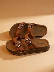 1 Pair Women's New 2026 Casual Buckle Slippers, Thick Sole Toe-Post Flip Flops, Comfortable Beach Sandals, Casual Essential - Mocha Brown - View 5