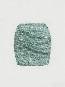 Elegant Women's Short Sequin Bodycon Skirt With Ruffle Design, Suitable For Party, Date, Office And Other Occasions - Mint Green - View 6