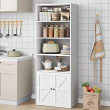 Librería grande de 71 pulgadas de alto, estantería industrial con puertas, estantería de granja no empotrado con estantes de almacenamiento, muebles de almacenamiento para el hogar para sala de - Blanco - Ver 8