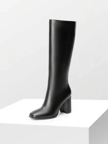 Women's Chunky Heel Go-Go Boots - Square Toe Knee High Side Zip Tall Boots For Casual, Retro, Party - PU đen - Xem 9