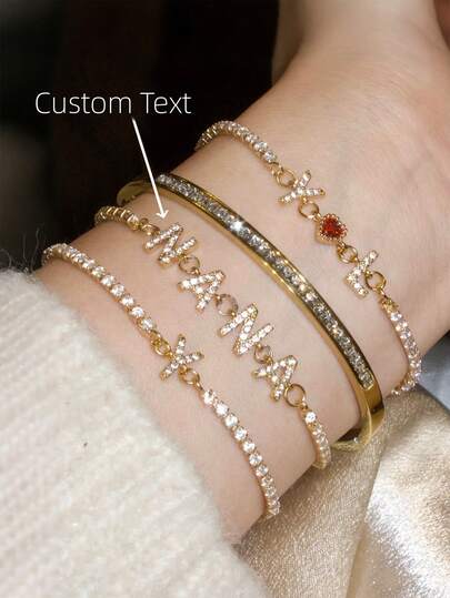 1pc Minimalist Cubic Zirconia Gold Initial DIY Bracelet, Customized Simple Letter Name Bracelet, Stainless Steel Personalized First Letter MAMA Bangle, Fashionable, Autumn, Minimalist, Simple, Casual, Vintage Coin Customized, Unique Gift For Girlfriend, Mom, Family, Friend, Daughter, Anniversary, Valentine's Day, Mother's Day, Birthday, Graduation, Daily Wear, Wedding, Party