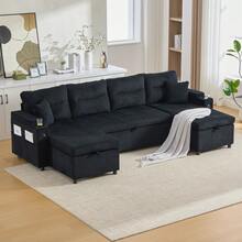 Modern 4-Personen-Samtsofa Mit Beidseitigen Chaiselongues, Integrated Stauraum, Getränkehaltern, USB-Anschlüssen Und Ausziehbarer Schlaffunktion – Style Für Jedes Wohnzimmer.Schwarz - Black + Corduroy + Foam + 4 Seat - View 4