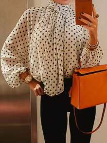 Polka Dot Print Long Sleeve Blouse, Elegant Minimalist Women's Clothing/Valentine's Day Outfit - Beige - View 5