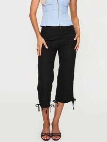 Women's Black Cropped Cargo Pants, Y2K Low Rise Ruched Capris With Bow Tie Hem - màu đen - Xem 3