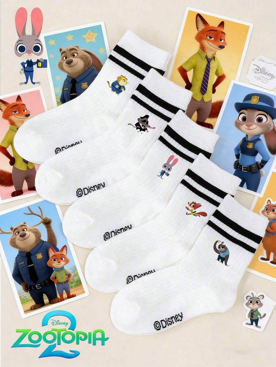 Disney 1/5/10/15 双装《疯狂动物城》动漫联名儿童中筒袜套装,包含朱迪、尼克、闪电侠、博戈局长、贝尔韦瑟副市长等图案,白色双条纹袜,白色短袜,男女童款,带酷炫卡通图案,柔软舒适,透气防滑,可爱休闲风,吸汗速干。 - 彩色 - 查看 1