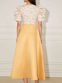 1pc Jacquard Patchwork Elegant Jacquard Puff Sleeve Midi Dress, Elegant Attire For Filipiniana, Holidays, Weddings, Vacations, Birthdays, Dates, Spring/Summer, Champagne Color - Champagne - View 3