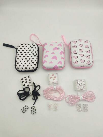 6 أكمام واقية لكابلات البيانات مطبوعة بالفراشات والقلوب، علبة تنظيم رقمية محمولة كبيرة من EVA لسماعات الأذن وكابلات الشحن ومحركات الأقراص USB وبنوك الطاقة وغيرها من الملحقات