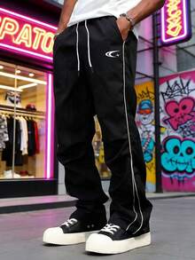 1件男士休闲印花抽绳腰裤，适合夏季街头休闲穿着 - 黑色 - 查看 1