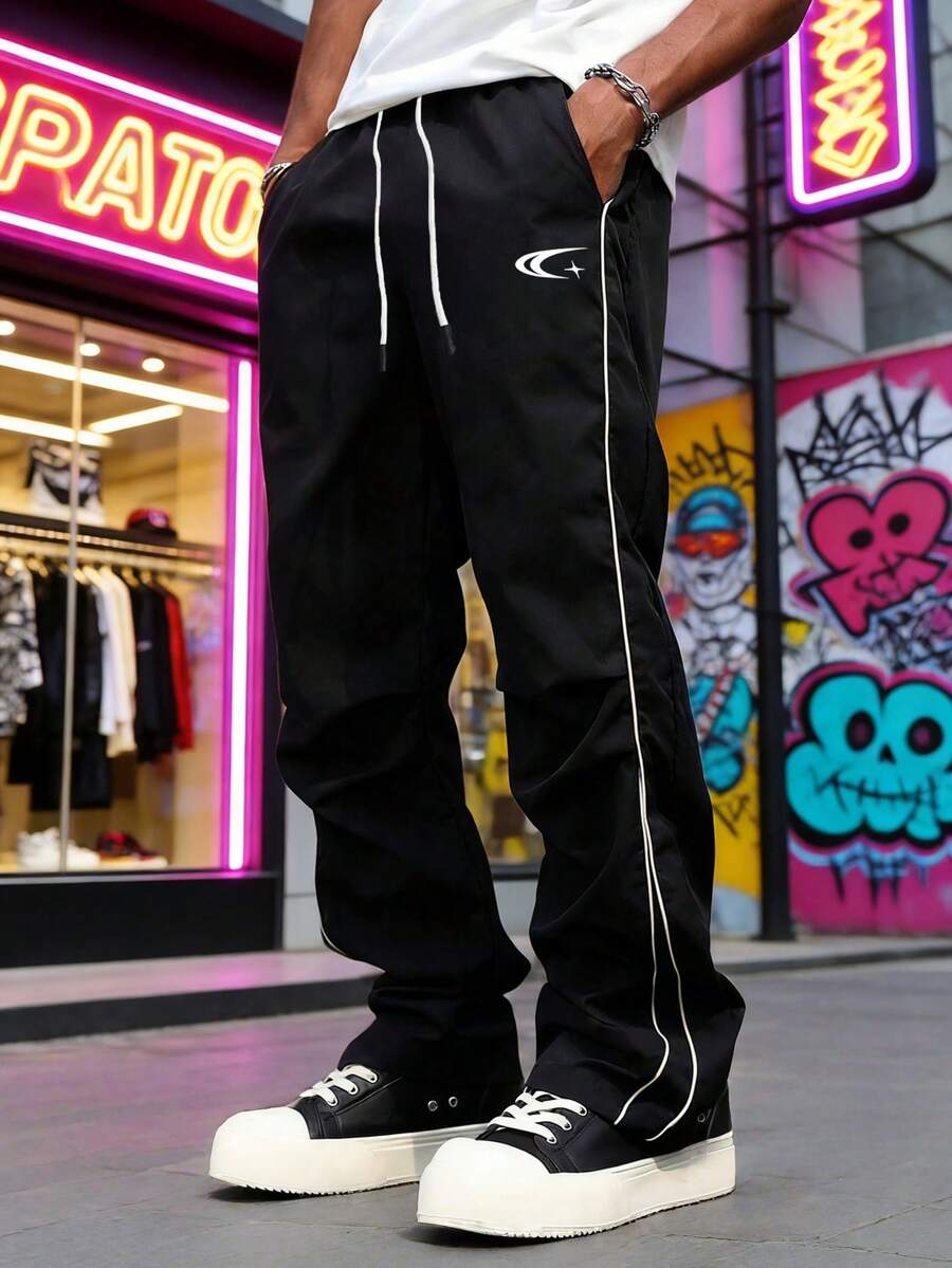 1件男士休闲印花抽绳腰裤，适合夏季街头休闲穿着 - 黑色 - 查看 1