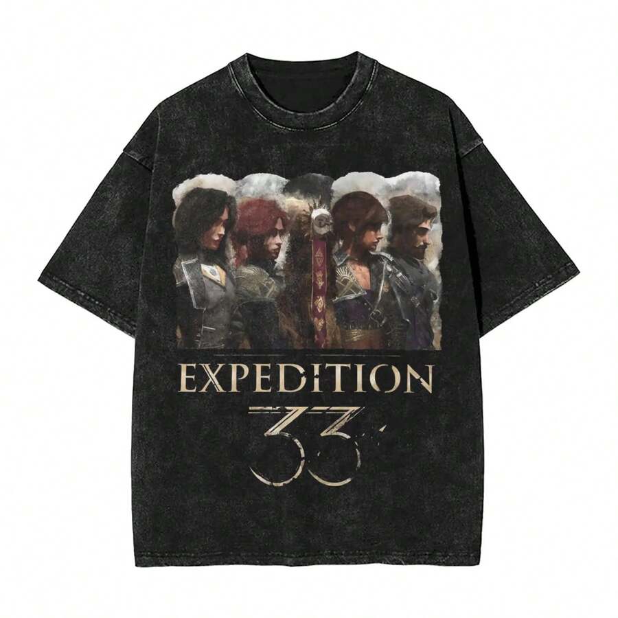 Clair Obscur Expedition 33 Game Characters T Shirts Washed Short Sleeve T-Shirt Retro For Men Women Tops Streetwear Tee Shirt - 黑色 - 查看 1