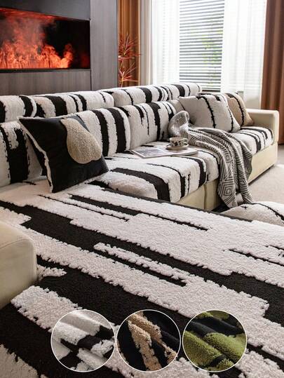 1pc Thick Warm Jacquard Soft Velvet Anti-Slip Sofa Seat Cushion Cover, Style Soft & Skin-Friendly Pet-Proof Elastic Sofa Slipcover, Autumn/Winter Anti-Scratch Sofa Skirt Suitable For L-Shaped Combination Sofa And 1/2/3/4 Seat Sofa (Sold Individually)