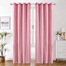 1pc Hollow Star Sheer Curtain, Polyester Lace Double Layer Curtain, Darkening Curtain For Living Room Bedroom, Cute Style - Coral Pink - View 12