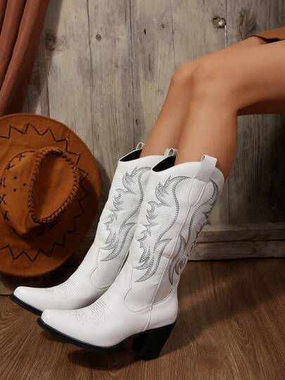 FVPFVP Vintage Embroidered Western Cowboy Boots For Women, 2025 Summer New Riding Boots, Chunky Heel Brown Tall Boots, Slim Fit Women Shoes